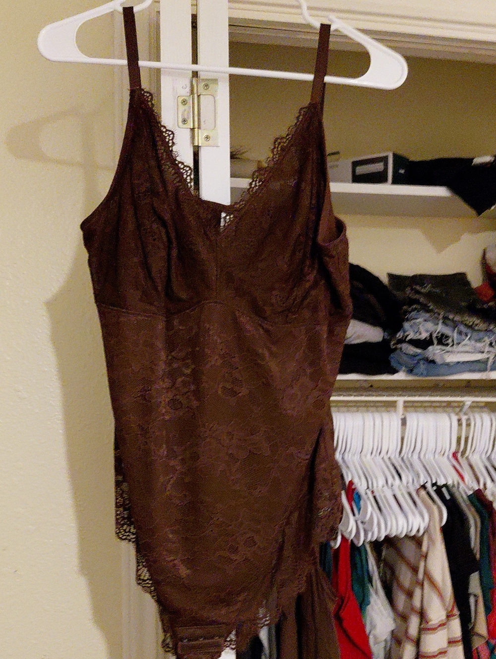 Lace Trim Brown Slip Chemise with Adjustable Straps